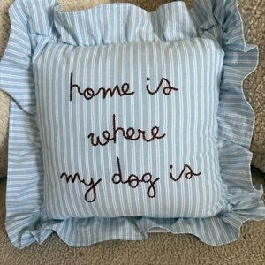 “Home is Where My Dog Is” Blue Striped Accent Pillow with Embroidered Text